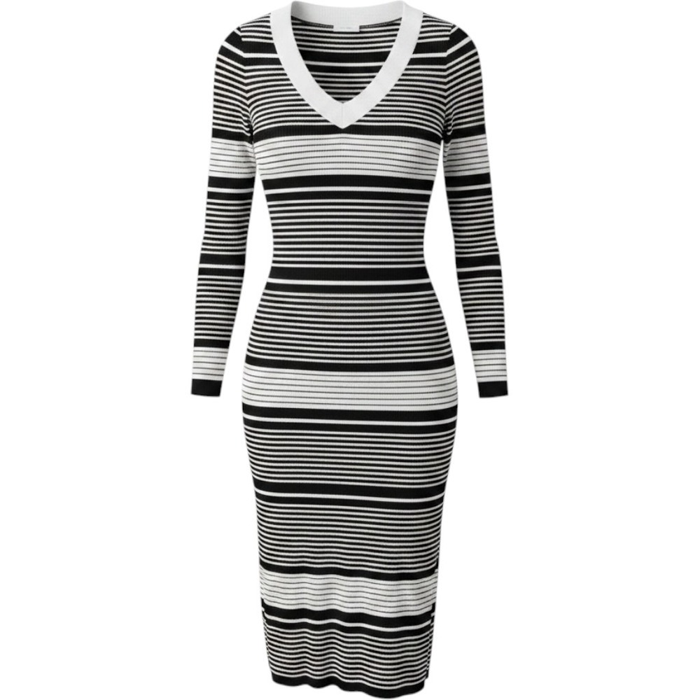 Saodimallsu Womens Striped V Neck Knit Midi Sweater Dress Black White M4K891 M